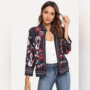 Monsoon Embroidered Boho Open-Front Jacket Size Small Cottagecore Bohemian
